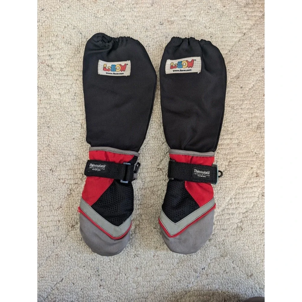 Kids L-Bow Black Red Grey Mittens Size 2-4 Good Thinsulate Gauntlet Waterproof